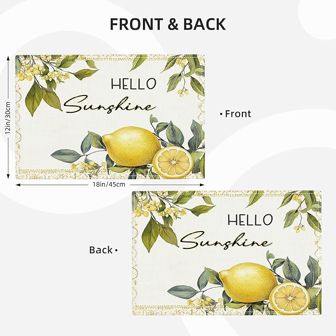 Lemon Iris Summer Placemats Set of 4, Rustic Fruit Place Mats, Country Hello Sunshine Dining Table Mats, Washable Placemats for Kitchen Dining Room Home Decor 18L'' × 12W''