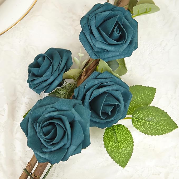 Artificial Flowers, 100pcs Artificial Rose for DIY Wedding Bouquets Centerpieces Arrangements, Dark Teal Fake Rose with Stems for Birthday Bridal Shower Graduation Events Decoration