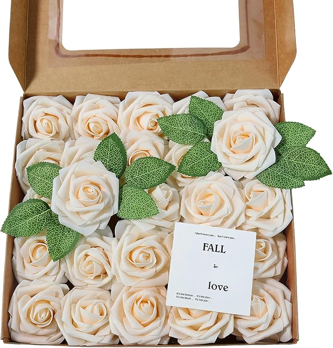 Meldel Artificial Flower Rose 50pcs Real Looking Champagne Fake Foam Roses with Stems for DIY Wedding Bouquets Gifts Bridal Shower Faux Floral Centerpieces Arrangements Home Party Tables Decorations