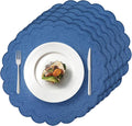 Set of 6 Dark Blue Cotton Linen Placemats, 15x15 Scalloped Flower Embroidery Cloth Table Mats Double Layered Fabric Machine Washable Wrinkle Free Dining Placemat for Hotel Restaurant Kitchen Decor