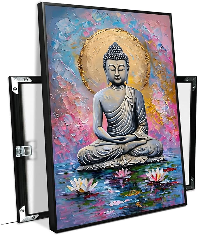 Lotus and golden Buddha meditation tranquil zen wall art mindfulness wall art for spiritual harmony and tranquility decor 16x24in Metal blackFramed