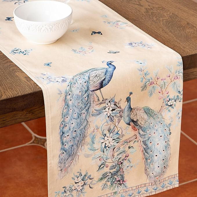 Maison d' Hermine Tablerunners 100% Combed Cotton Premium Table Runner Decorative Table Cover, Home, Kitchen & Camping, Peacock Utopia - Sandy Beach, Double Layer - (14.5"x72")