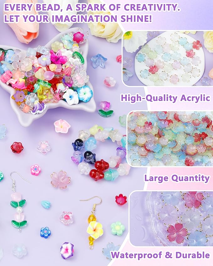 FIVEIZERO 300PCS Acrylic Cherry Blossom Flower Beads, 8 Colors Sakura Floral Bead Caps Charms for Bracelets, Necklaces & DIY Jewelry Making