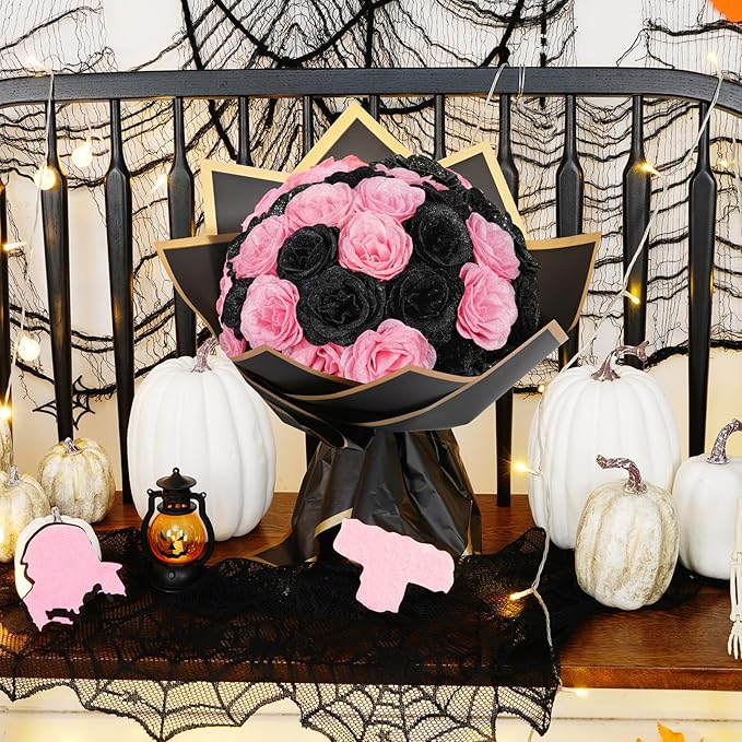 Waipfaru Glitter Roses Bouquet, DIY Black & Pink Halloween Flowers Bouquet, Artificial Fake Rose for Halloween, Wedding, Anniversary, Engagement, 36 Pcs