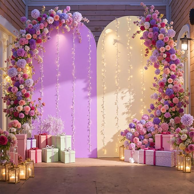 Ivory Purple Arch Backdrop Cover Set of 2-7.2ft 6ft Dual Color Wedding Arch Cover-Wrinkle Free Stretchy Spandex Cream Lavender Fitted Chiara Arch Stand Cover for Birthday Party Photo Photography