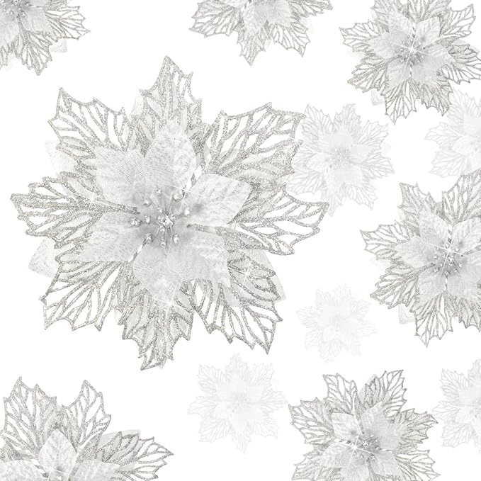 Geosar 24 Pieces Christmas Glitter Poinsettia Flowers Layered Artificial Xmas Flowers Wedding Christmas Tree New Year Ornaments 3/4/6 Inch(Silver)