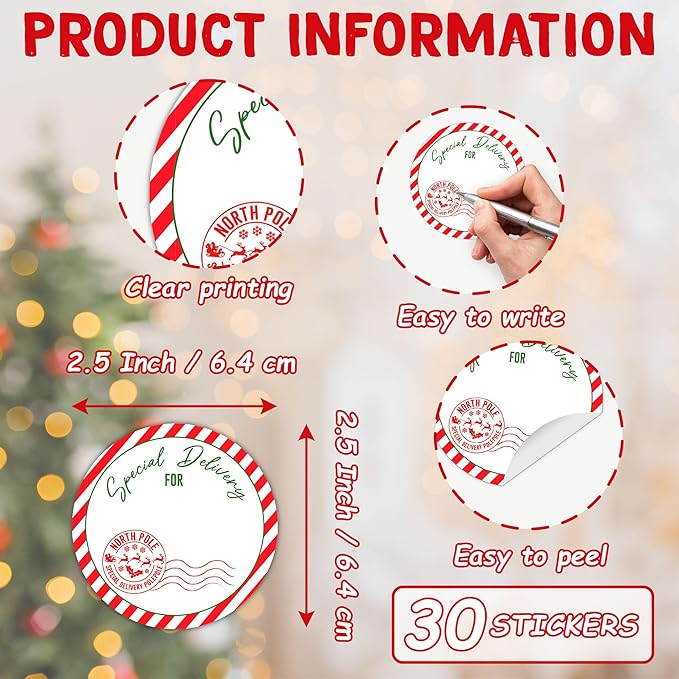 Christmas Gifts Tags Stickers from Santa, 30 Pcs North Pole Christmas Name Tags for Gifts, 2.5x2.5 Inch Holiday Presents Sticker Labels, Festive Chrismas Name Tag for Gift Wrapping Bags-D08