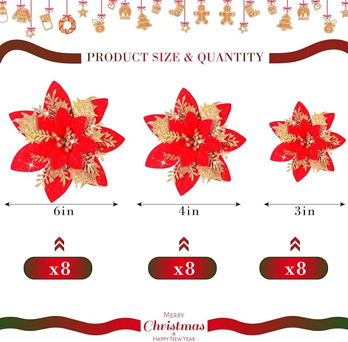 24 Christmas Glitter Artificial Poinsettia Flowers Xmas Poinsettia Artificial Wedding Flowers Decorations Xmas Tree Ornaments with Clips for Party Favors, 6 Inch, 4 Inch, 3 Inch (Red and Gold)
