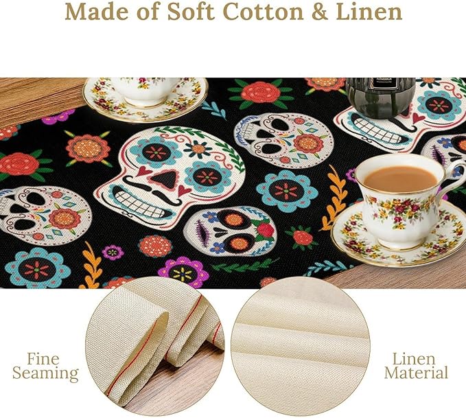Gothic Skull Table Runner,Vintage Style Colourful Table Runner for Home Kitchen Table Dining Garden Farmhouse Wedding Party Decor 13x90 Inch