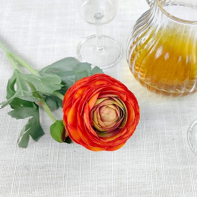 Artificial Ranunculus Flowers with Real Touch Stem, Silk Ranunculus Flowers (Orange, 6pcs)