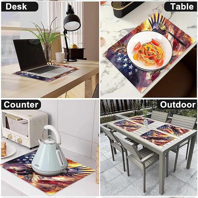 American Flag Placemats Set of 4 Washable Table Bald Eagle Heat-Resistant Cotton Linen Place Mats for Dining Table Kitchen Indoor Outdoor Party Holiday Decor