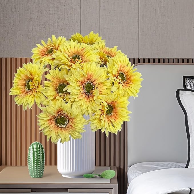 17.5'' Faux Gerbera Daisy Artificial Flowers,10 Pcs Silk Fake Daisies Flowers for Home Kitchen Living Room Bathroom Décor (10, Yellow)