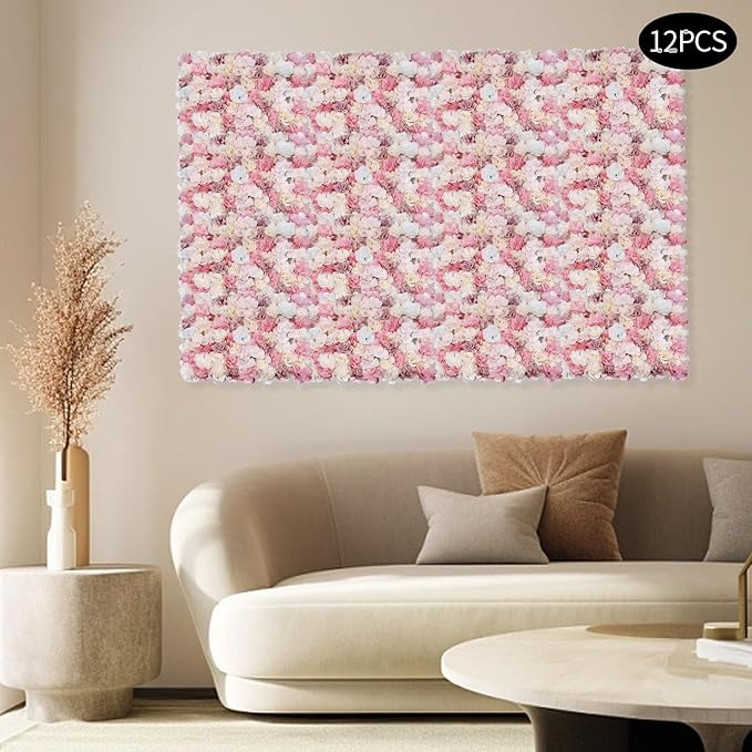 12pcs 24" x 16" Artificial Flower Wall Panel Background,3D Pink Silk Dahlia Hydrangea Rose Flowers Wall Backdrop for Wedding Party Event Photo Backdrop Wall Decor (Type 4)