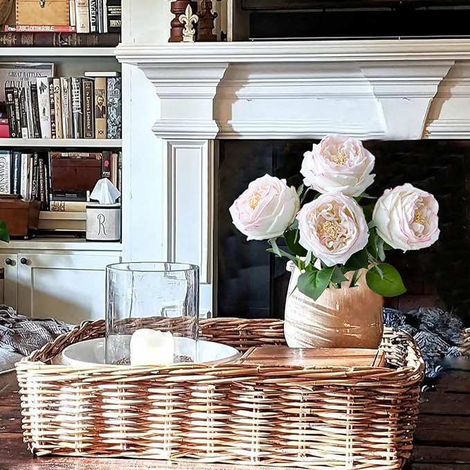 YalzoneMet 3.5'' Big Bloom Flesh Pink Rose Artificial Flowers 4Pcs Real Touch Rose Faux 17.7 Inch Long Stem Austen Roses Peonies Fake Flowers for Home Kitchen Party Christmas Flower Wedding Decor