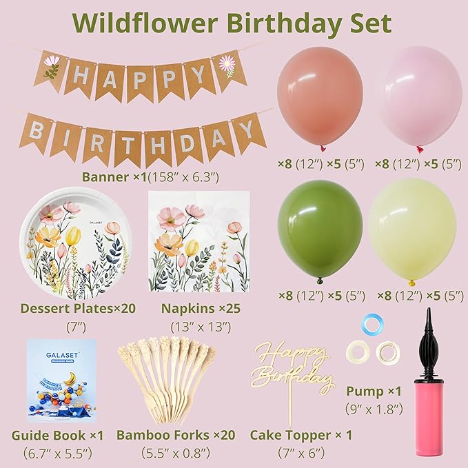 124 PCS Wildflower Party Decorations – Includes Wildflower Balloon Arch Kit, Pump, Banner, Paper Plates, Napkins, Bamboo Forks, and Wooden Cake Topper – Floral Birthday Decorations, Serves 20 Guests