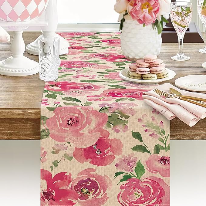 Seliem Spring Summer Watercolor Flower Table Runner, Pink Peony Floral Kitchen Dining Table Decor, Seasonal Burlap Home Decoration Indoor Outdoor Party Supply 13 x 36 Inches