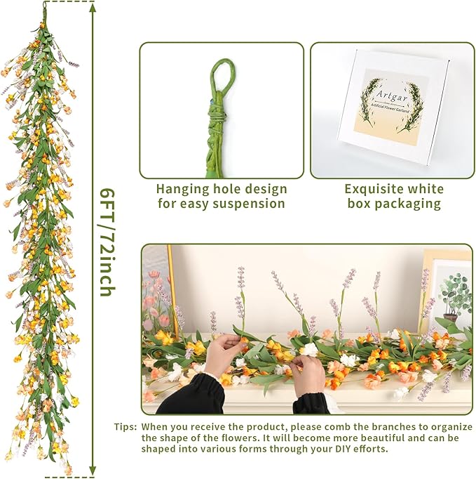 Artgar Flower Garland 6Ft Spring/Summer Garland Floral Garlands for Mantle All Year Round Paper Garlands Decor for Indoor Outdoor Home Wedding Arch Porch Stair Backdrop Year Round Decor (Yellow White)