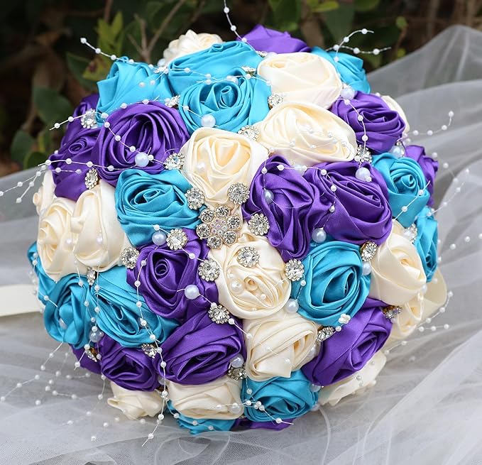 Bridal Wedding Bouquet Round Bling Brooch Bouquet Throw Toss Artificial Rose Flower Bunch for Bride Bridesmaid Wedding Quinceanera(Teal Blue, Purple & Cream, 8.7")
