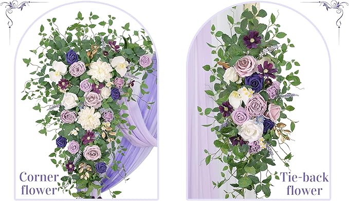 Ting's time Wedding Arch Flowers Kit (Set of 5) 2 Pcs Purple Artificial Flower Arrangement 3 Pcs Arch Draping Fabric for Wedding Ceremony Arbor and Reception Backdrop Decoration(Lilac&White)