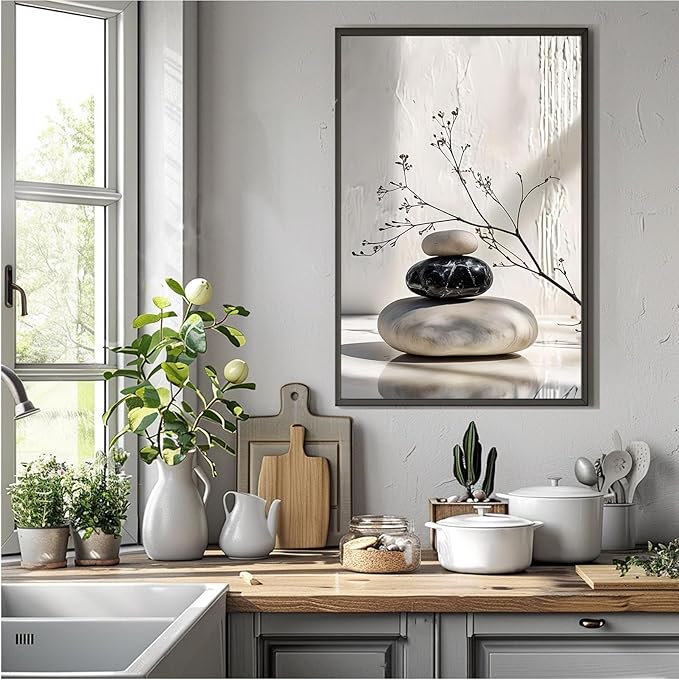Gray and black stone pile and dried flowers poster canvas wall art in harmony Minimalist wall art for tranquil homes and mindful spaces 20x30in Metal blackFramed