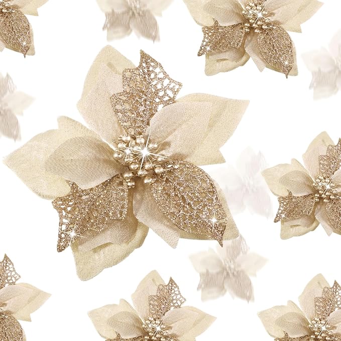 Boao 24 Pieces Christmas Artificial Glitter Poinsettia Flowers Xmas Flowers Wedding Christmas Tree New Year Ornaments(Champagne)