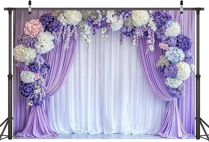 5 x 3 ft Flower Photo Backdrop Floral Purple Photography Background White Curtain Spring Wedding Baby Shower Girl Princess Birthday Party Supplies Photo Studio Props