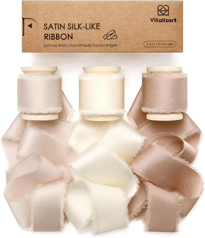 Vitalizart Silk Satin Ribbon 1 Inch x 15 Yard Wooden Spool Champagne & Nude Handmade Frayed Ribbon for Gift Wrapping Baby Shower Wedding Bridal Bouquets Holiday Decor Light Brown