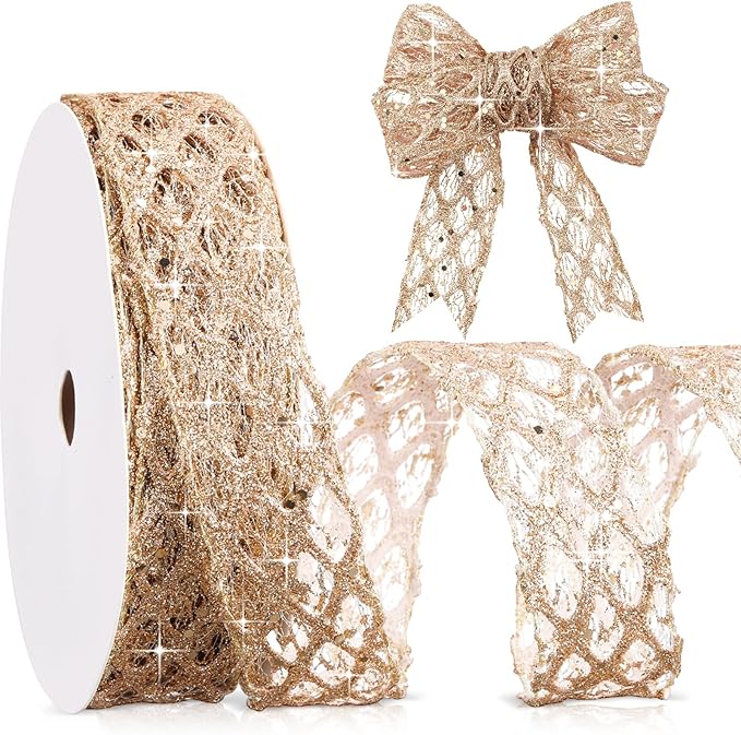 Geosar 20 Yards Champagne Gold Glitter Mesh Wired Ribbon for Christmas Tree Decorations, Gift Wrapping, DIY Craft, Xmas Wreaths, Cabinet Decor (1.5 Inch)