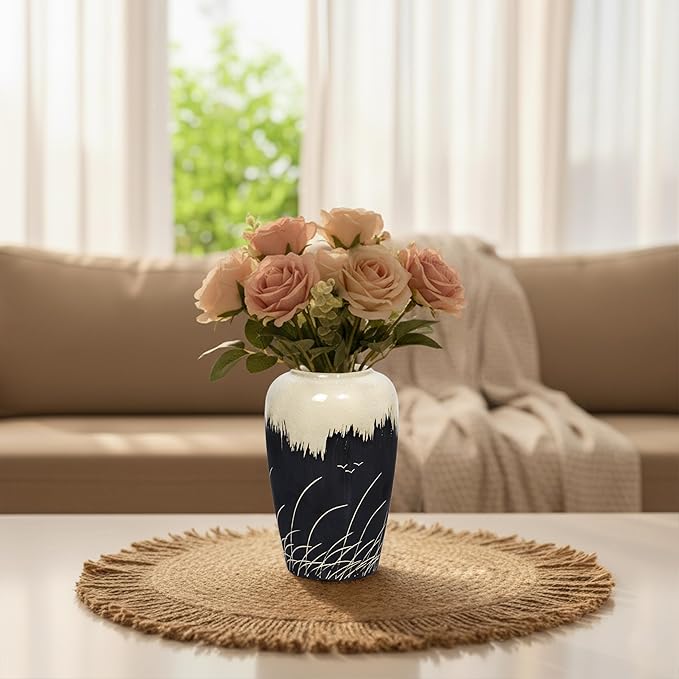 Black and White Vase, 8 Inch Modern Ceramic Vase for Pampas Grass, Farmhouse Decorative Vases for Home Decor, Centerpiece for Kitchen Table, Living Room Shelf Decor