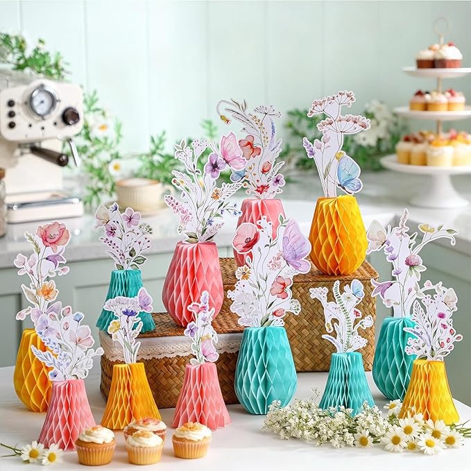 12 Pcs Wildflowers Honeycomb Centerpieces Flower Birthday Party Decoration Floral Honeycomb Spring Summer Theme Table Centerpieces Decorations for Little Wildflower Baby Shower Supplies