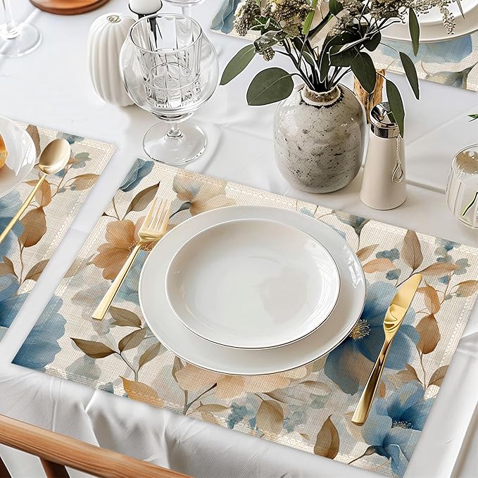 Blue Poppy Placemats Set of 6,Flowers Washable Kitchen Dining Linen Table Mats for Home Party Dinner Indoor Outdoor 12x18Inch