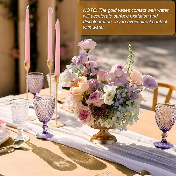 Compote Bowl Vases for Centerpieces Urn Vase, Metal Small Pedestal VaSe Gold Pot, Flower Arrangement for Wedding Anniversary Party Home Decor, 2Pcs