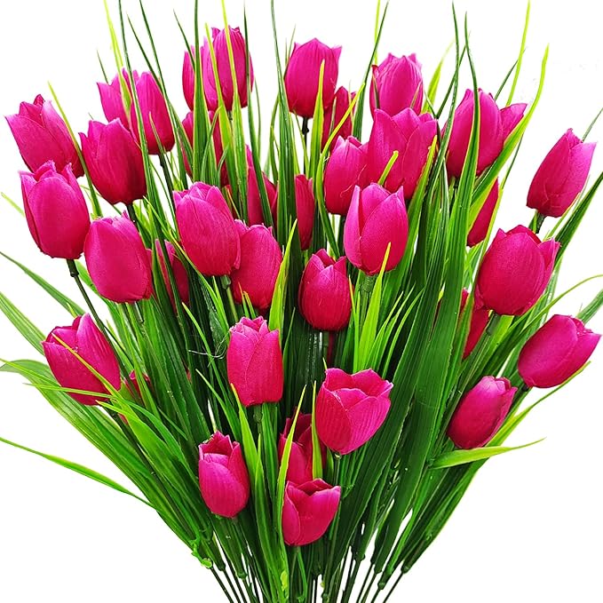 8 Bundles Outdoor Artificial Tulips Fake Flowers UV Resistant Faux Plastic Greenery Shrubs Plants for Home Outside Garden Porch Window Farmhouse Decor (Rose Red)