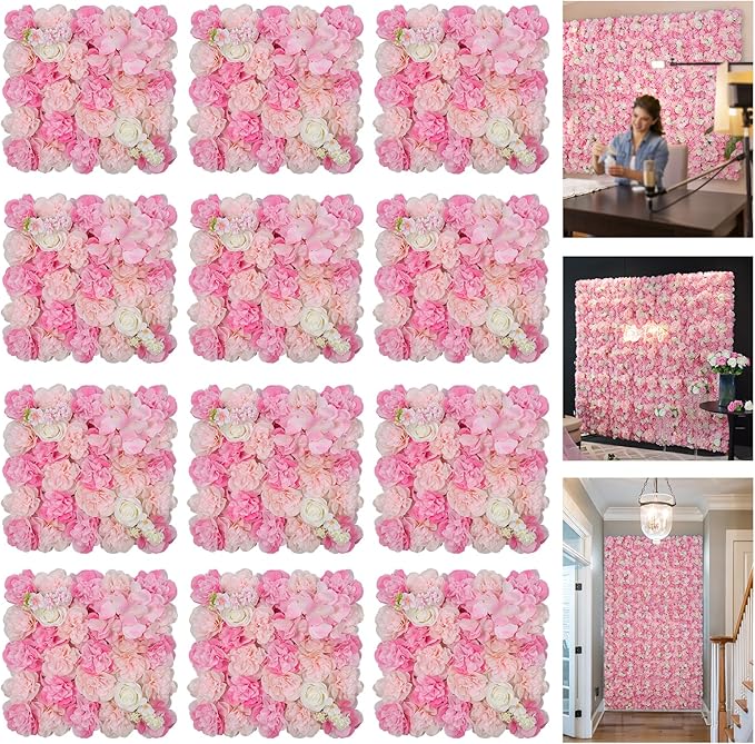 3D Flowers Wall Panel 15 * 15inch-12Pcs Artificial Flower Wall Background Silk Rose Mat for Home Party Wedding Backdrop Wall Decor Shop Photo Backdrop Floral Wall Arrangement