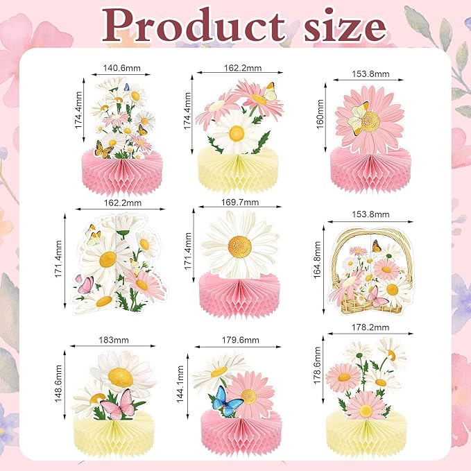 Hotop 9 Pcs Daisy Flower Birthday Party Decorations Pink Wildflower Butterfly Honeycomb 3D Centerpieces for Floral Table Toppers Boho Groovy Party Decorations Girl Baby Shower