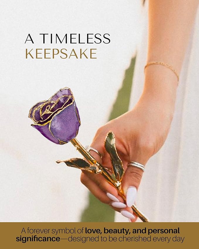 Forever Rose Hand-Dipped in 24K Gold, Amethyst-Inspired February Birthstone with Sparkles, Real Rose in Luxury Gold Gift Box – Perfect Ready to Gift for February Birthday or Any Occasion