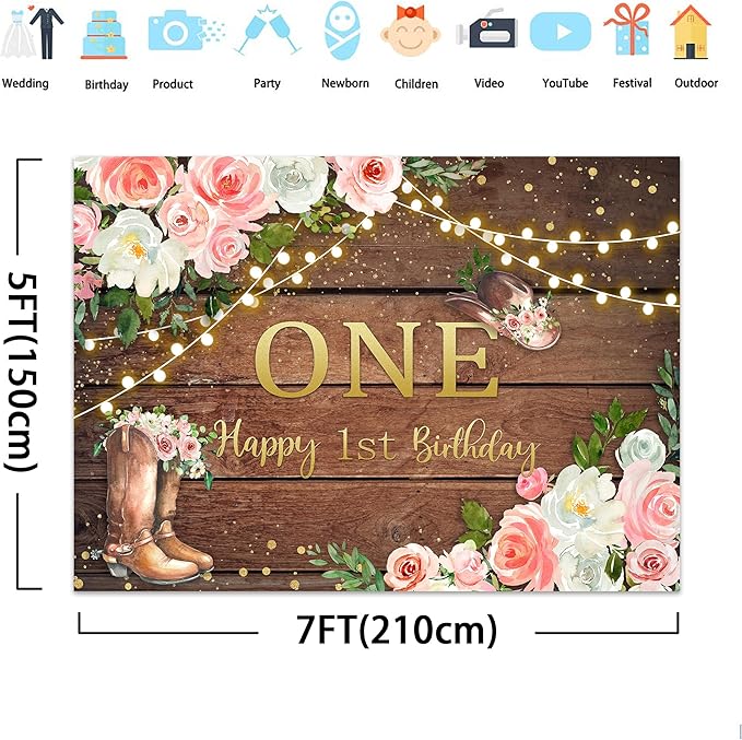 SVBright Cowgirl First Birthday Backdrop 7Wx5H Retro Western Rustic Country Pink Flower Wood Hat Happy Birthday Baby Shower Wooden Plank Decorations Photography Background Banner Photo Booth Studio