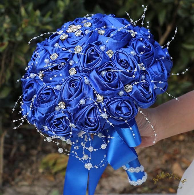 Bridal Wedding Bouquet Round Bling Brooch Bouquet Throw Toss Artificial Rose Flower Bunch for Bride Bridesmaid Wedding Quinceanera(Royal Blue, 6.3")