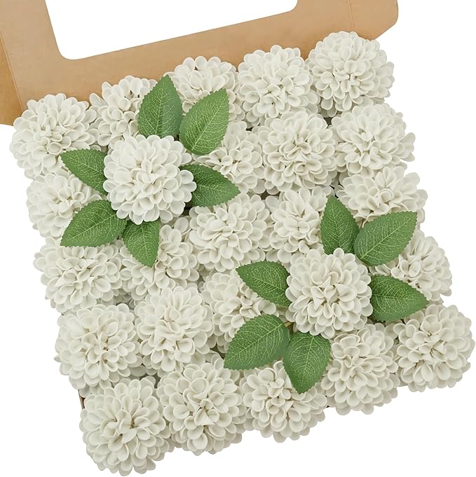 Artificial Flowers, 25pcs Realistic Artificial Rose for DIY Wedding Bouquets Centerpieces Arrangements, Sand White Dahlia Flowers with Stem for Bridal Shower Party