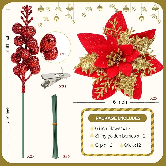 50pcs Glitter Poinsettia Christmas Ornaments, Artificial Flowers with Clips Stems for DIY Wreath Making, Holiday Home Party Decorations, Indoor Use (Red)