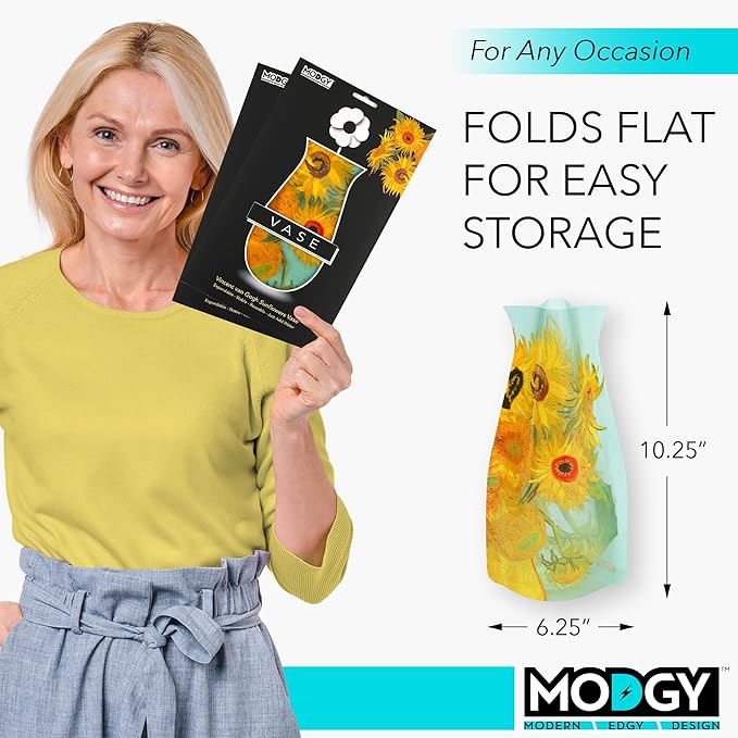 MODGY Expandable Flower Vase, Plastic Decorative Modern Foldable Printed Vases for Centerpieces for Wedding, Dining Table, Home Decor, Living Room, Bathroom, Sunflowers, Vincent Van Gogh, 2 Pack