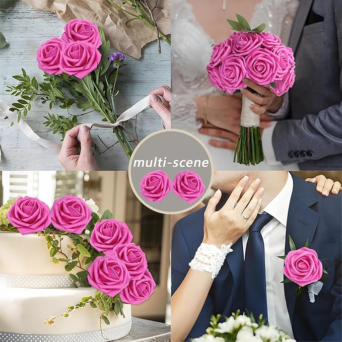 100Pcs Artificial Flowers Hot Pink Roses Real Looking Foam Fake Roses with Leaves and for DIY Wedding Bouquets Bridal Shower Centerpieces Party Decorations (Hot Pink, 100)