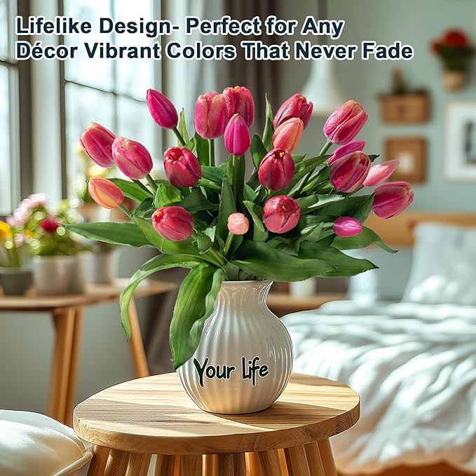 20PCS Fake Tulips Artificial Tulip Silk Flowers Fake PU Bouquet Artificial Flowers Faux Flowers with Gift Box Soft Faux Tulips Bouquets Arrangements for Party Wedding Home