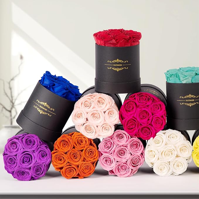 NATROSES 7 Piece Preserved Roses in a Box, Preserved Flowers for Birthday, Flower Gifts for Mothers Day (Blue)