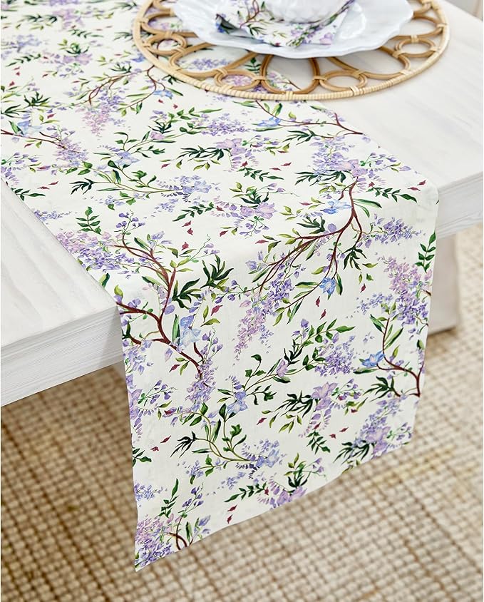 Solino Home Lilacs Floral Print Table Runner 108 Inches Long - 100% Pure Linen Table Runner 14 x 108 Inch - Handcrafted and Machine Washable - Lilacs/Off White Print
