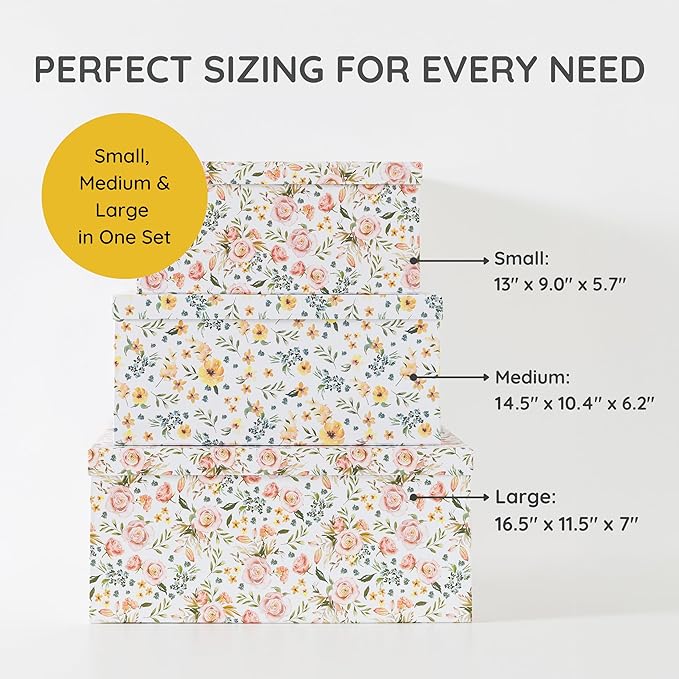 Soul & Lane Decorative Storage Cardboard Boxes with Lids | Summer Bouquet - Set of 3 | Paperboard Nesting Boxes for Organizing