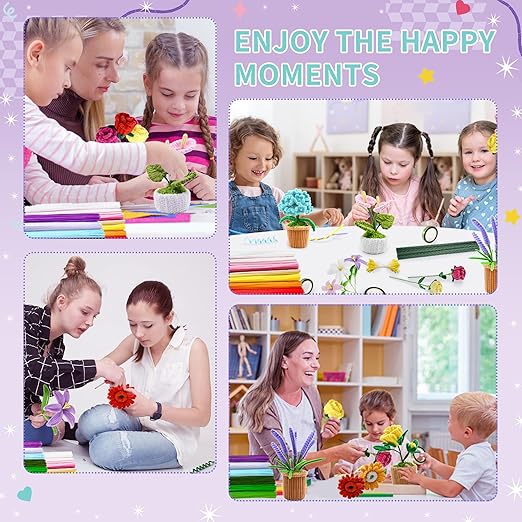 572 PCS Pipe Cleaners Flower Kit, 13 Colors Chenille Stems with Floral Wires, Stamen, Tapes, Dot Glue, Instruction & Gift Box – DIY Craft Set for Handmade Bouquets