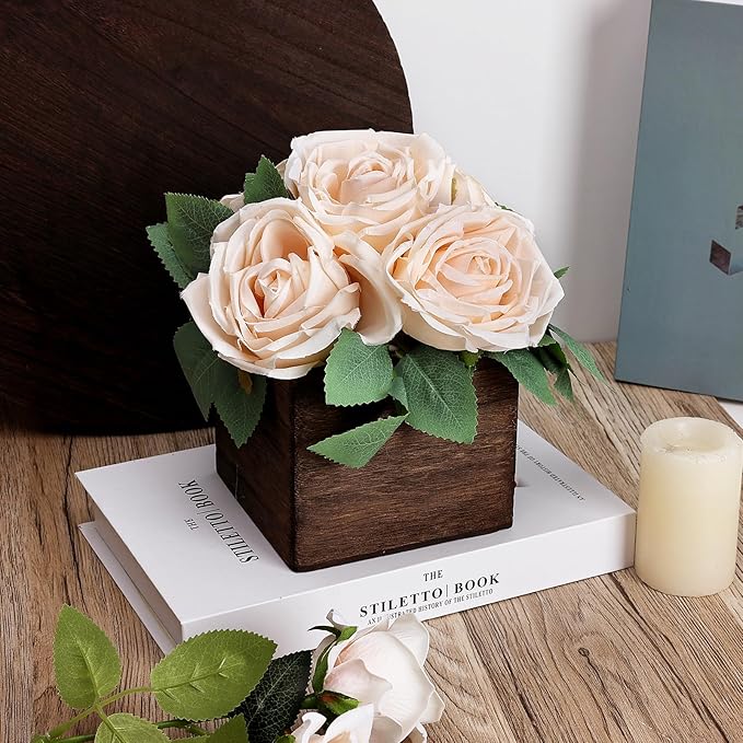 Dining Table Centerpiece Set of 6 - Pre-Made Aritifial Rose with Wooden Vase Fake Floral Arrangment Faux Flower for Wedding Bridal Tea Party Event Decorations - Champagne