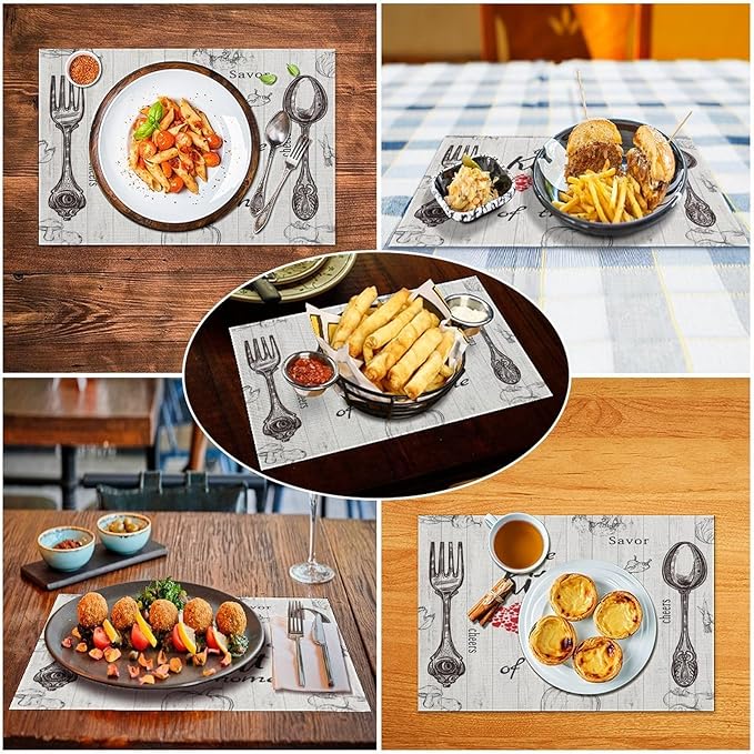 Vegetable Placemats Vintage Rustic Wooden Plank Kitchen Utensils Cutlery Tomato Pumpkin Mushroom Carrot Placemats Table Kitchen Dining Party 12x18 Inch Set of 4