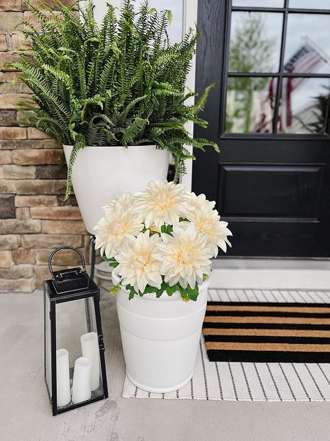 Hollyone White Artificial Dahlia Flowers Bush 7 Heads Silk Fake Dahlias Flowers with Stems Wedding Bouquets Faux Dahlia Flowers Floral Arrangements for Outdoor Indoor DIY Table Centerpieces Home Decor